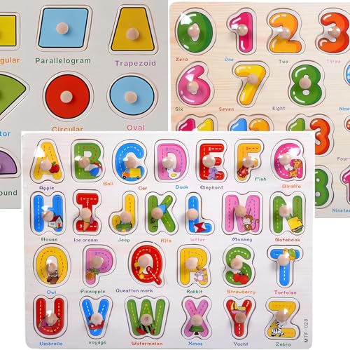 Montessori Alphabet, Number & Shape Wooden Puzzle Set – 3‑in‑1 Learning Toys for Toddlers, ABC 123 Shapes Educational Gift - style: 3 Pack