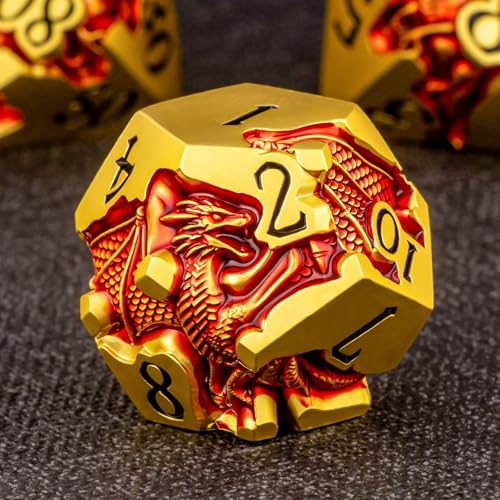 Roycevon Relief Dragon DND Dice Set for Role Playing Game, 7Pcs Metal D&D Dice Set Dungeons Dragons with Gift Box, Polyhedral D and D Dice D20 D12 D10 D8 D6 D4, Red and Black - color: Red and Black