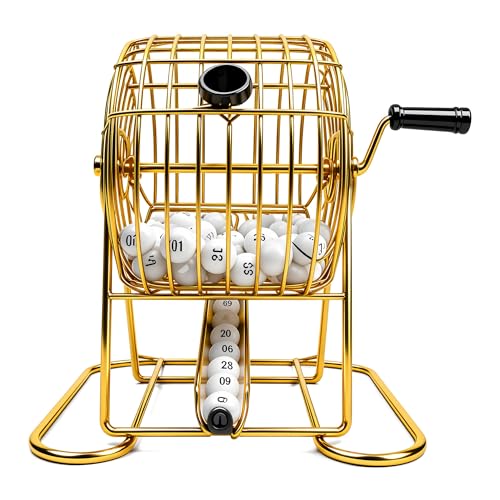 Deluxe Bingo Set with 6-Inch Durable Gold Steel Cage, Magnetic Bingo Wand, 80 Metal-Rimmed Bingo Chips, 75 Calling Balls, 18 Large Cards & Master Board – Premium Bingo Set for Family Nights, Parties