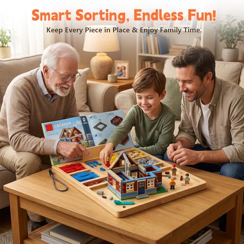 Building Baseplate Table for Lego with Portable Lego Sorting Tray | Wooden Lego building tray featuring 7-compartment brick organizer, instruction holder, lanyard, and portable lego lap table.
