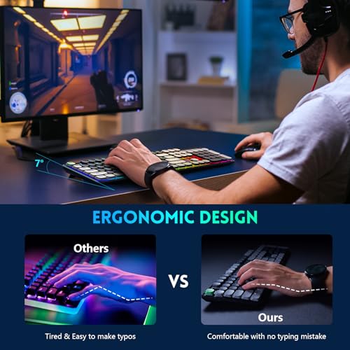 RisoPhy Wireless Mechanical Keyboard Gaming, Low Profile Bluetooth/ 2.4G/ USB-C/Keyboard with Smooth Red Switches, RGB Light up Backlight Rechargeable Clicky Keyboard for Computer PC Mac Gamer