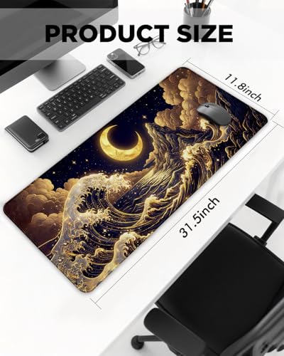Mouse Pad, Desk Mat, 31.5x11.8in Large Mousepad, Golden Waves | Desk Pad with Stitched Edge & Rubber Non-Slip Bottom, Gaming Mouse Pad, Extended Mousepad for Home, Office - color: Golden Waves