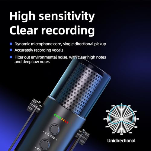 USB/XLR Desktop Dynamic Microphone with RGB Lighting, Noise Reduction, Mute Button & Headphone Jack - Podcast, Gaming, Streaming Mic for PC & Computer (Black) - color: Black