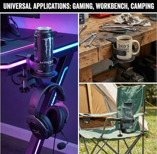 3 in 1 Desk Cup Holder & Headphone Hanger, 360° Rotating Under-Desk Hook, Aviation-Grade Aluminum Clamp-On for Gaming Desks, Workbenches, Shelves & Camping Chair Armrests, Fits Large 40oz Tumblers