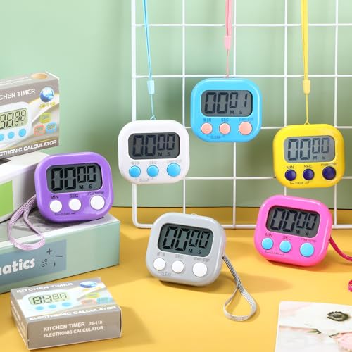 Leumoi 24 Packs Small Digital Kitchen Timer for Classroom with Lanyards Magnetic Back and Switch Minute Second Count up Countdown Big LCD Display Loud Alarm for Teacher Cooking Baking, Colorful