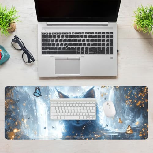 Blue Cat Gaming Mouse Pad Nature White Marble Gold Butterfly Large Gaming Mouse Mat with Stitched Edges,Non-Slip Waterproof Rubber Base Mous Mat 31.5"x11.8" - color: Blue Cat, size: 31.5L x 31.5W inches