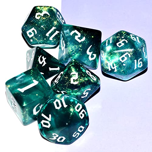 Galaxy Dice Set| Dark Green Mix Cyan Crystal DND Dice Set for Board Game - color: Dark Green Cyan