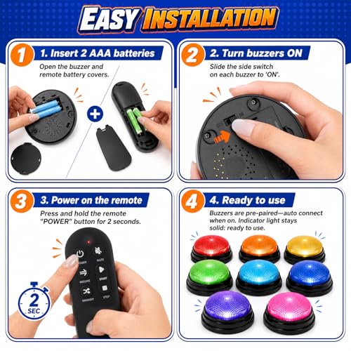 Buzzers for Trivia Games and Family Party: 8 Pack Answer Buzzers with Remote Control - Game Buzzers with Light & Sound First-Press Lock for Classroom Quiz