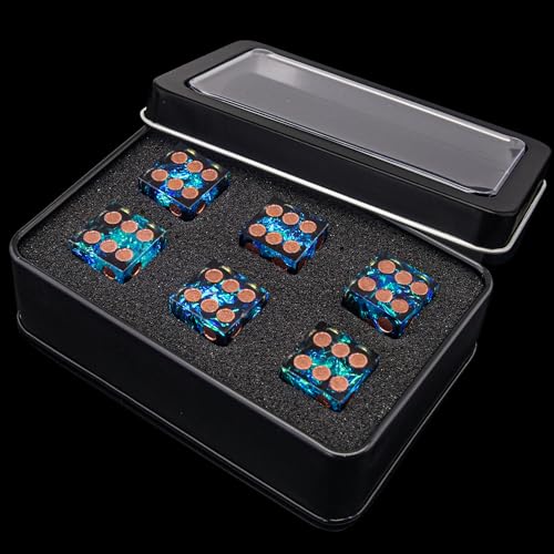 AUSTOR 6 Sided Resin D6 Dice Set, 16mm, Handmade, Sharp Edge, 6 Pieces, Metal Case, Black & Blue - color: Black & Blue
