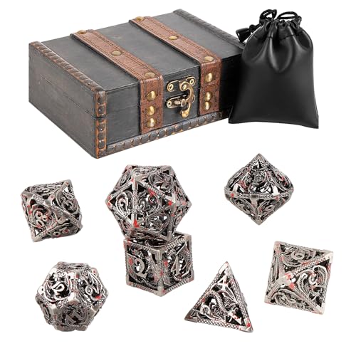 7PCS DND Dice Set, Premium Hollow Metal Polyhedral Dice with Treasure Chest & Dice Bag, Gift for Men & Women, Dungeons and Dragons, TTRPG RPG Tabletop Games (Antique Silver Red Speckles) - color: Antiquesilver-redspeckles