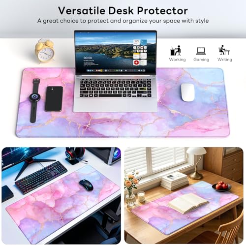 Large Gaming Mouse Pad, XL Desk Protector, Non-Slip Base | 31.5x15.7 in Extended Desk Mat with Stitched Edges for Keyboard, Work, Game, Office, Home PC and Laptop - color: Pastel Marble