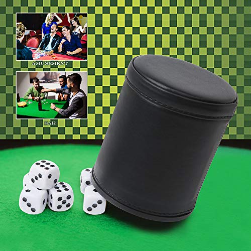 Felt Lined Professional Dice Cup with 6 Dices Quiet for Yahtzee Game | Quiet felt-lined dice cup with sturdy construction and premium look, ideal for Yahtzee, Farkle and other dice games - color: Black