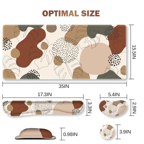 ARTSO Desk Pad and Keyboard Wrist Rest, Large Gaming Mouse Pad+Keyboard Wrist Pad+Mouse Wrist Support, 4 in 1 Desk Mat Protector for Office, Home (Abstract Leaf) - color: Brown Abstract Leaf