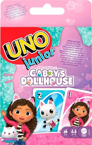 Mattel Games UNO Junior Gabby's Dollhouse Card Game for Ages 3+ | Pre-School Age Learning Game for 2-4 Players with 3 Levels of Play for Family Game Night & Kids Birthday Parties - style: UNO Junior Gabby’s Dollhouse Card Game