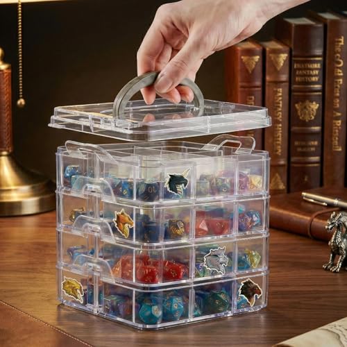 PUGED DND Dice Storage Box with Removable Dividers Polyhedral Dice Plastic Organizer Holding Up To 1200 Dices Craft Bead Compartment Container with Stickers for Sewing, Jewelry, Art, DIY - size: 4 layers