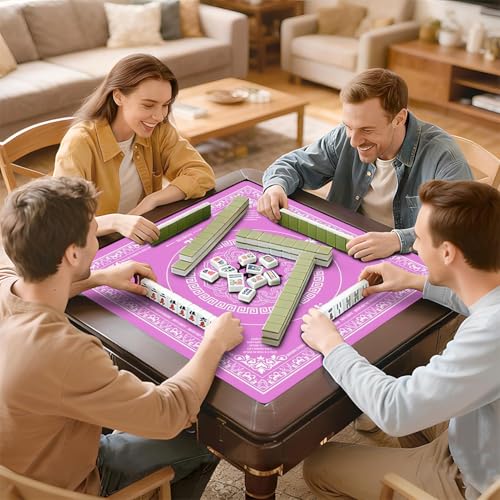 Mahjong Mat with Black Carrying Bag, 31.5"x31.5" Anti-Slip Noise Reduction Gaming Mat for Mahjong, Poker, Board Games, 3 Dice & Black Storage Bag - color: Bright Pink