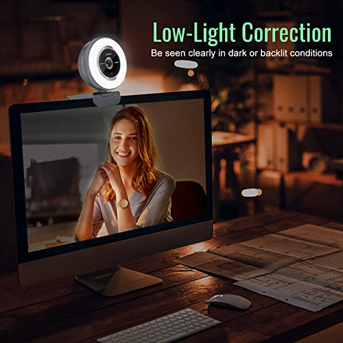 Angetube Streaming Webcam with Microphone, USB 1080P Web Cam w/Ring Light | Remote Control, 1080P@60FPS, 5X Digital Zoom, Built in Privacy Cover, HD Computer Web Camera for Desktop, PC, Laptop, Mac