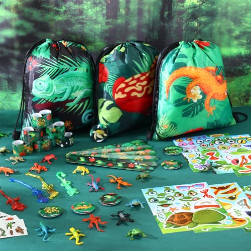 Paterr 94 Pcs Reptile Party Favors Reptile Birthday Party Supplies Decorations Include Gift Bags Slap Bracelets Badges Tattoos Stickers frog Lizard Toys Stretchy Sticky Toys for Boy Girl