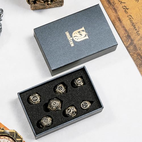 Unbeaten 7PCS Meteorite Metal Dice Set with Box, RPG DND Dungeons and Dragons Role Playing Game Polyhedral Dice Set D20 D12 D10 D8 D6 D4 (Ancient Bronze)