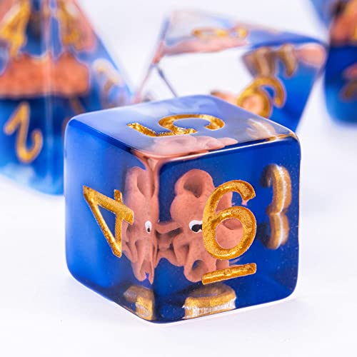 UDIXI Octopus DND Dice Set, Resin Blue D&D Dice for RPG Role Palying Games | Velvet Storage Bag, DM Gift, for Dungeons and Dragons Tabletop Games Board Games - color: Ocean/Octopus