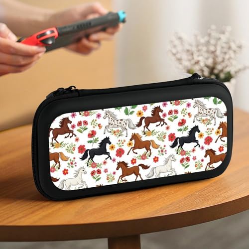 PPIKTC Game Carrying Bag Compatible with Nintendo Switch, Cute Animal Horses Floral Portable Game Pouch with 15 Games Cartridges and Protective Hard Shell Case - color: Design (325)