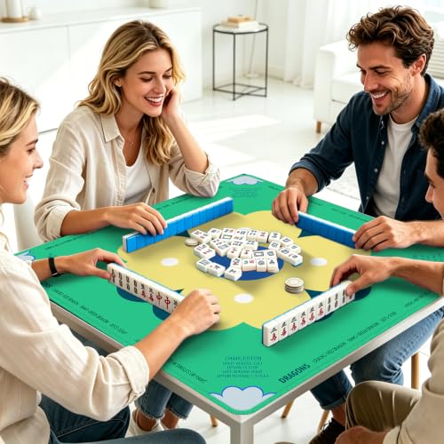 Mahjong Mat for Table with Rules, 31.5" x 31.5" Noise Reduction Non Slip Waterproof Mah Jong Table Mat with Carrying Bag, Suitable for Mahjong, Poker, Board Games, Dominoes, and Card Games(Green) - color: Green