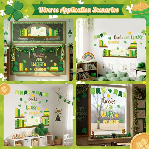 TICIAGA St.Patrick’s Day Book Learning Bulletin Board - 66Pcs Book are Lucky Charms Shamrock Bookshelf Cutout Border with Book Flag Banner for Irish School Library Classroom Chalkboard Wall Decoration - style: St Patricks Da