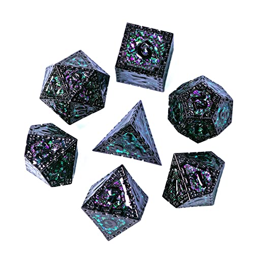 UDIXI Metal DND Dice Set D&D Polyhedral Dice Set for RPG (Green Sequins) | 7-Pieces, Dragon Carved, Chain-edge Design, Metal Gift Box, DM Gift, for Dungeons and Dragons Role Playing Games - color: Chain Frame-black With Green Sequins