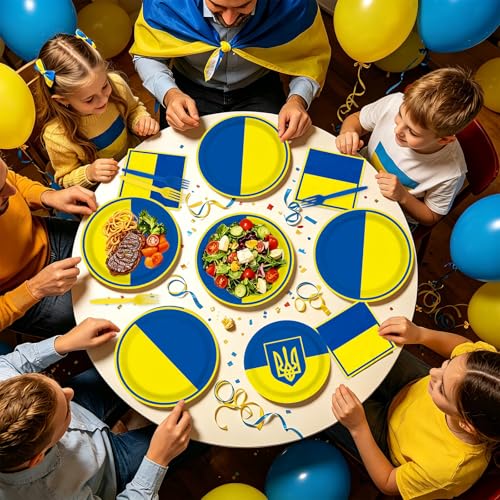 96 Pcs Ukraine Flag Themed Ukrainian Party Decorations Serves 24 | Ukrainian Paper Plates and Napkins Ukraine Themed Tableware Set for Soccer Events Country Decoration Sports Party Supplies, - style: Ukraine Themed Plates m