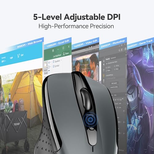 TECKNET Wireless Mouse, 2.4G Ergonomic Computer Mouse, 2600 DPI, Grey | Ergonomic Design with Side Grips, Adjustable DPI, 2-Year Battery, Compact Size, USB-A Plug & Play, Wide OS Compatibility - color: Grey