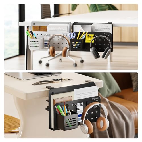 Desk Side Storage Organizer, Fits Flat Edge 0.4" to 2.2", Black | No Drill Under Desk Laptop Holder, Clamp on Desks Shelf with Pegboard Accessories, Hanging Laptop Mount - color: Black