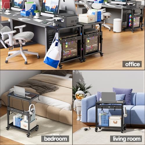 Computer Tower Stand with Power Outlet, 6 Level Height Ajustable PC Tower Stand for Floor, Mobile Rolling CPU Holder Cart for Gaming, Office, Home, 21.34"-28.3", Black - size: 1 power outlet