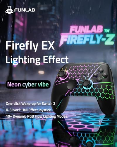 FUNLAB Wireless Switch 2 Pro Controller for Switch 2/OLED/Lite, Firefly Z Gamepad With Hall Effect, Hidden Glow LED, One-Key Wake Up, Programmable Back Buttons, Turbo & Motion Control - color: Colorful