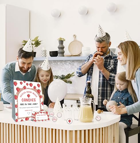 Guess How Many Candies Game Set - 50 Guessing Cards, Standing Sign, 180 Candies Stickers for Strawberry Baby Showers & Birthday Parties - color: Red