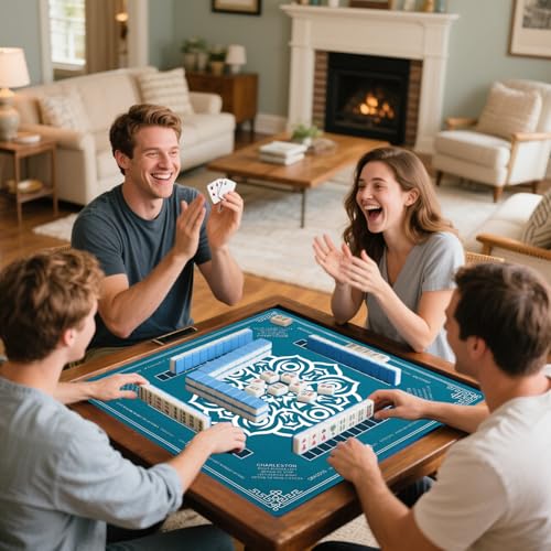 Mahjong Mat 31.5"x31.5" - Waterproof Mahjong Table Mat with Printed Rules | 33.4" Bag Fits Rolled Mat, Noise-Reducing & Anti-Slip Surface for Majong, Poker, Card Games - color: Green