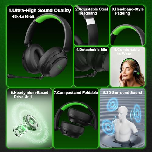 LENISUOLE Wireless Gaming Headset for Xbox, PS5, Mac and PC, Foldable Bluetooth Headset, Game/Chat Balance, Dual Built-in & External Mic, 3D Surround Sound, Memory Foam Cushions - color: Black