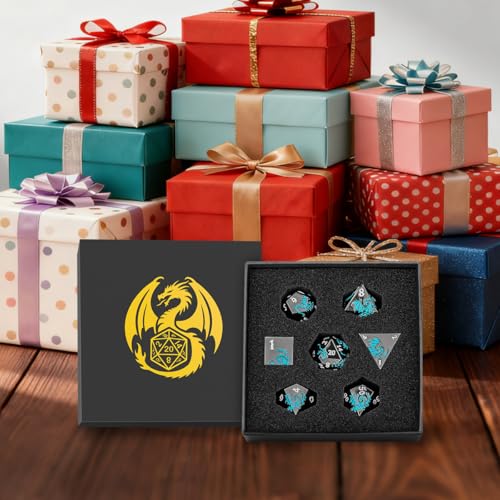 Metal Dice Set, Flat Face Black Blue Dragon Pattern, 7pcs Polyhedral Metal DND Dice Set, DND Starter Set, D&D Gifts with Gift Box, Role Playing Board Games Accessories, Black - color: Black +Blue