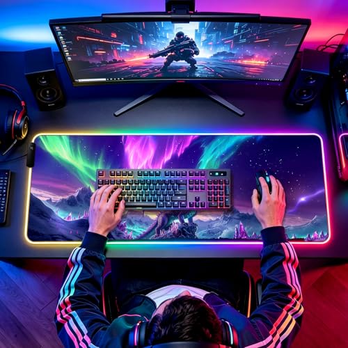 RGB Fantasy Aurora Scenery and Dragon Gaming Desk Mat, Computer Keyboard Large Extended Long LED Mouse Pad for Office and Home, XL (W06) - color: Rgb-w06