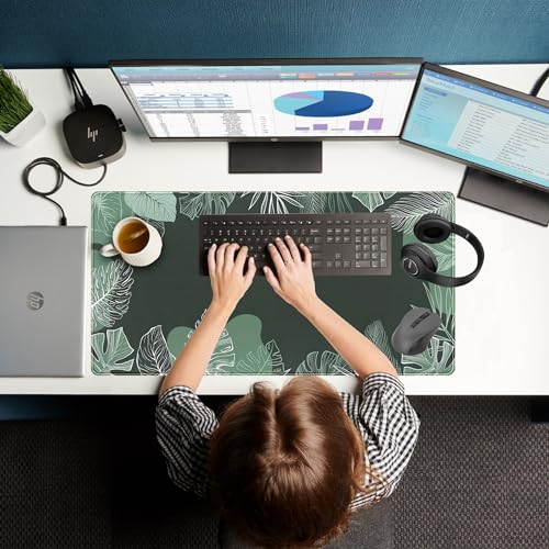 Green Plants Desk Mat Tropical Leaves Mouse Pad Cute, Large Extendded Gaming Deskmat, XXL Laptop Keyboard Mouse Mat Desktop Matt Women Office Desk Accessories Mousepad Desk Cover Mat, 31.5"x15.75" - color: Green Tropical Leaves