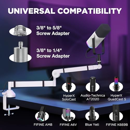 InnoGear Low Profile Mic Arm, 360° Rotatable Microphone Boom Arm Mic Stand for Fifine AM8 K669B Blue Yeti HyperX QuadCast SoloCast AT2020, with Mic Clip 3/8" to 5/8", 3/8" to 1/4" Adapter, White - color: White, style: Low-profile A