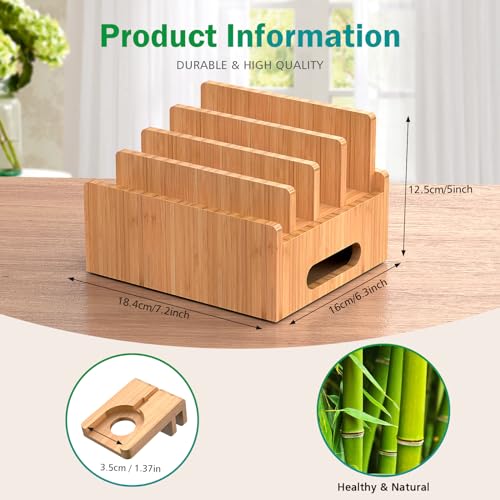 Pezin & Hulin Cell Phone Charging Stations, Bamboo Dock Organizer for Multi Devices, Tablets, Smart Watch, with Pack 5 Cables, No Power Charger Supply - color: Dock Rack +Cables