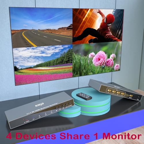 KAGO 4K HDMI Multi Viewer 4x1 Quad Switcher | 5 Display Modes, 7.1CH Audio Pass-Through, Seamless Switching, IR Remote, Heavy-Duty Metal - size: MV 1 x 4
