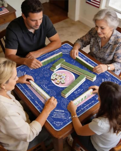 Mahjong Mat Table with Rules Mah Jong Mat Neoprene Travel Chinoiserie Floral Majong Learning Mat Instructions Mahjong Gifts Women Unique Non-Slip Rubber Pad, 31.5" x 31.5", Blue Pink - color: Blue Pink, size: 31.5" x 31.5"