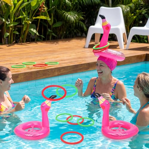 3 PCS Flamingo Inflatable Ring Toss Game - Pool Party Toys Supplies Luau Decorations