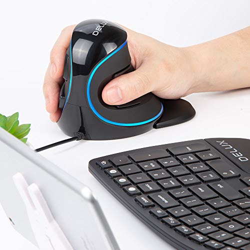 DELUX Wired Ergonomic Vertical Mouse, Ergonomic Mouse for Large Hands, Blue LED Backlit, Up to 12800 DPI, Removable Wrist Rest, 6 Programmable Buttons, Silent Click, Compatible with Laptop/PC (M618PU) - color: Wired with single light