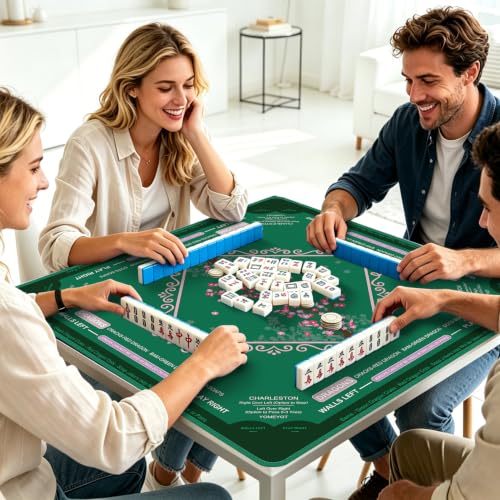 Cherry Blossom Mahjong Mat for Table with Rules, 31.5" x 31.5" Noise Reduction Non Slip Waterproof Mah Jong Table Mat with Carrying Bag, Suitable for Mahjong, Poker, Board Games, Dominoes, Card Games - color: Cherry Blossom