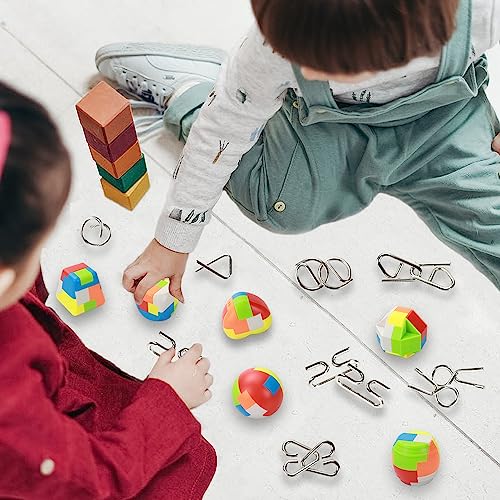 16 Pack Brain Teasers Puzzles for Kids & Adults, Brain Teasers Metal IQ Toys Puzzle Mind Game 3D Coil Cast Wire Unlock Interlock Magic Ball Puzzles for Teenagers
