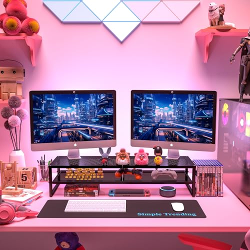 Simple Trending 2-Tier Dual Monitor Stand with Mouse Pad, Metal, Black | 32"W x 10"D x 7"H. Mesh cooling. Holds 100 lbs. Bottom tier fits keyboard & Xbox. Non-slip base. Free mouse pad.