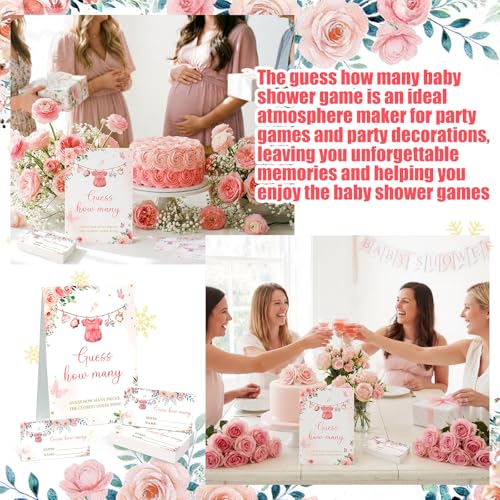 Floral Guess How Many Baby Shower Game Pack of 1 Tabletop Sign with Stand and 50 How Many Cards, Pink Clothes Gender Reveal Party Game Decoration - style: Floral