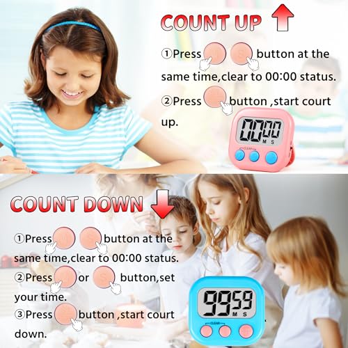 Timer for Kids Teachers Supplies Digital Kitchen Timers for Cooking Large Magnetic Classroom Timer 2Pack-Blue Pink - color: Blue Pink